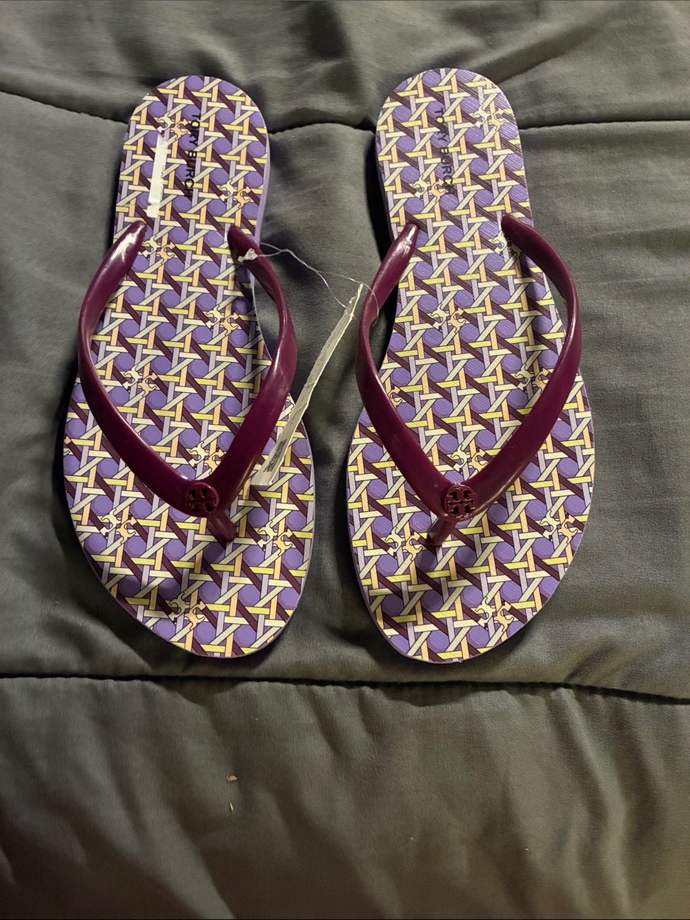COPY!!!!Tory Burch Purple Patterned Flip Flops with Plum Straps